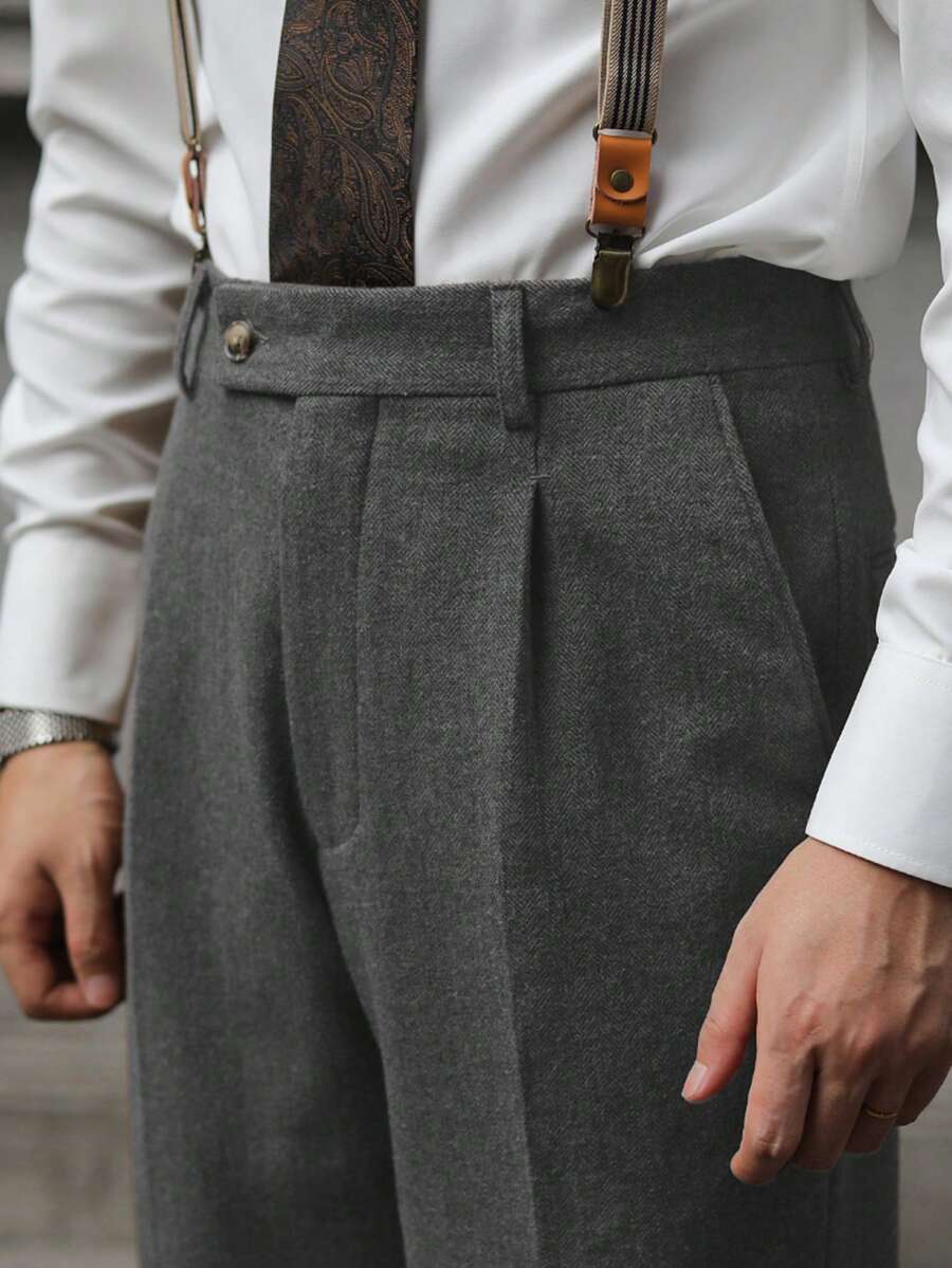 Mens Pants Tweed Herringbone Vintage Dress Pant Trousers Regular Fit Suit Pants For Men - Xám - Xem 1
