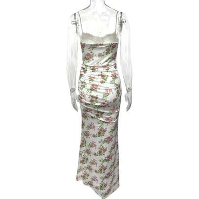 Meidaxexr 1pc Elegant Floral Print Lace Patchwork Knitted Formal Evening Dress, Suitable For Wedding Guest, Formal Event, Evening Party, Birthday Party, Bachelorette Party, Stage Performance, Airport Outfit