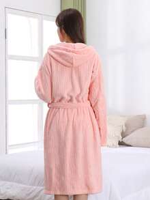1pc Women Student Solid Color Jacquard Coral Fleece Soft Absorbent Warm Casual Home Cute Hooded Bathrobe Bath Robe Morning Robe Long Robe Loungewear Bathing Swimming Travel Personal Use Gift - Multicolor - View 19