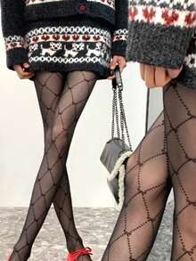 1双女士透明蝴蝶结连裤袜，百搭轻便，时尚设计，适合青少年，可搭配正装和休闲装，秋冬季穿着。 - 黑色 - 查看 4