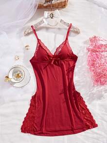 3-Piece Set Of Women's Solid Color Lace Pajamas, Featuring Lace Panels, Side Slits On The Skirt, Sexy Lace Loungewear, Comfortable Sleepwear, Elegant Pajamas, Exquisite Lace Craftsmanship, Women's Home Wear, Lace Nightgown, Romantic Sleepwear. - 彩色 - 查看 5