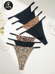 7条装性感豹纹混色丁字裤，低腰柔软G字裤，隐形透气T字后背无痕内裤，女士日常穿着内衣 - 彩色 - 查看 5