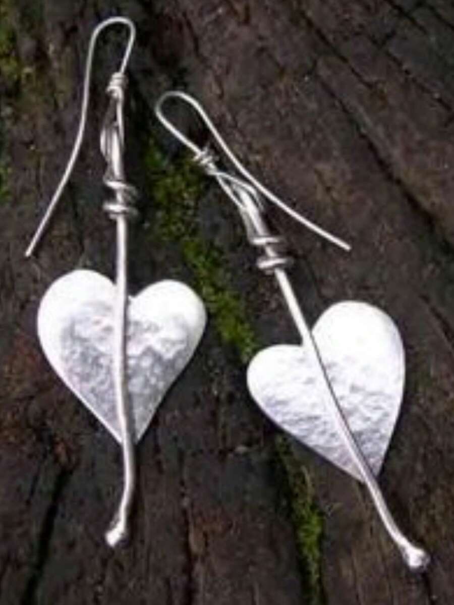 Vintage Handcrafted Asymmetrical Leaf Heart Pendant Earrings, Bohemian Style For Travel, Party, And Daily Wear - Silver - View 1