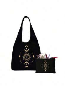 Bolso de hombro de lona con estampado de sol, luna y estrellas, un bolso de tela negra estampado con parte superior y un bolso pequeño negro, regalos del Día de San Valentín, bolsa de regalo personalizada para damas de honor, bolsa de maquillaje, bolsa de almacenamiento simple para viajes - Multicolor - Ver 6