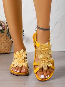 Women's Floral Decor Open Toe Elegant Sandals, Summer Fairy Tale Style Lightweight Vacation Sandals - Mustard Yellow - View 7