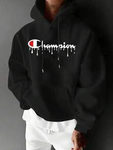Men Graphic Hoodies | Champion Logo With Drip Effect Men's Fashion Hoodie | Fleece Lined Fabric, Winter Warm Hooded Sweatshirt | Gift For Husband/Boyfriend | Unisex - 黑色 - 查看 2