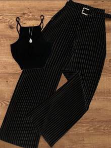 Conjunto de chaleco y pantalones a rayas casuales para mujer, adecuado para la oficina y el jardín, primavera/verano - Negro - Ver 1