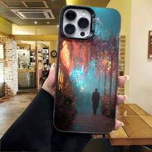Cubierta de telefono con diseño de paisaje misterioso azul oscuro con silueta de persona y flores en camino iluminado para uso diario en cafeterias y salas de estar - Negro - Ver 4