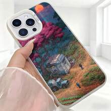 Cubierta de telefono con diseño de bosque mágico y camioneta azul color negro para iPhone 14 Pro Max estilo artístico para uso diario en cafeterias - Blanco - Ver 5