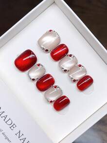 Móng giả thủ công nguyên chất hình bầu dục; hạt thủy tinh vẽ tay, họa tiết mắt mèo màu đỏ, móng cá nhân hóa mùa thu đông, phụ kiện làm móng, móng dán thủ công. - Nhiều màu - Xem 10