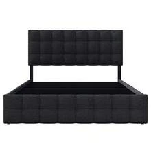 Upholstered Bed With 4 Drawers & Spring Mattress, Double Bed With Slatted Base, Storage Bed, Height-Adjustable Headboard & Square Stitching Design, Metal Slat Support, Linen Material (140*200 Cm, Black) - Black - View 7