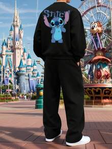 Disney مجموعة من قطعتين: بلوزة رجالية بطبعة خياطة وبنطال واسع، طقم ملابس بطراز الشارع، هدية للحبيب/الزوج، هدية للذكرى السنوية، بلوزة - الأسود - مشاهدة 2