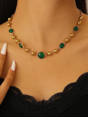 1pc Fashion Luxury Geometric Tiger Eye Beaded Chain Necklace, Suitable For Women's Daily And Vacation Wear