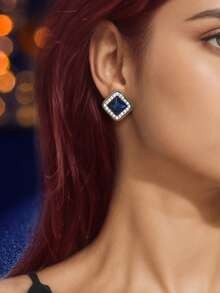2pcs Fashionable Square Blue Rhinestone Stud Earrings For Women In Business Or Leisure - Navy Blue - View 2