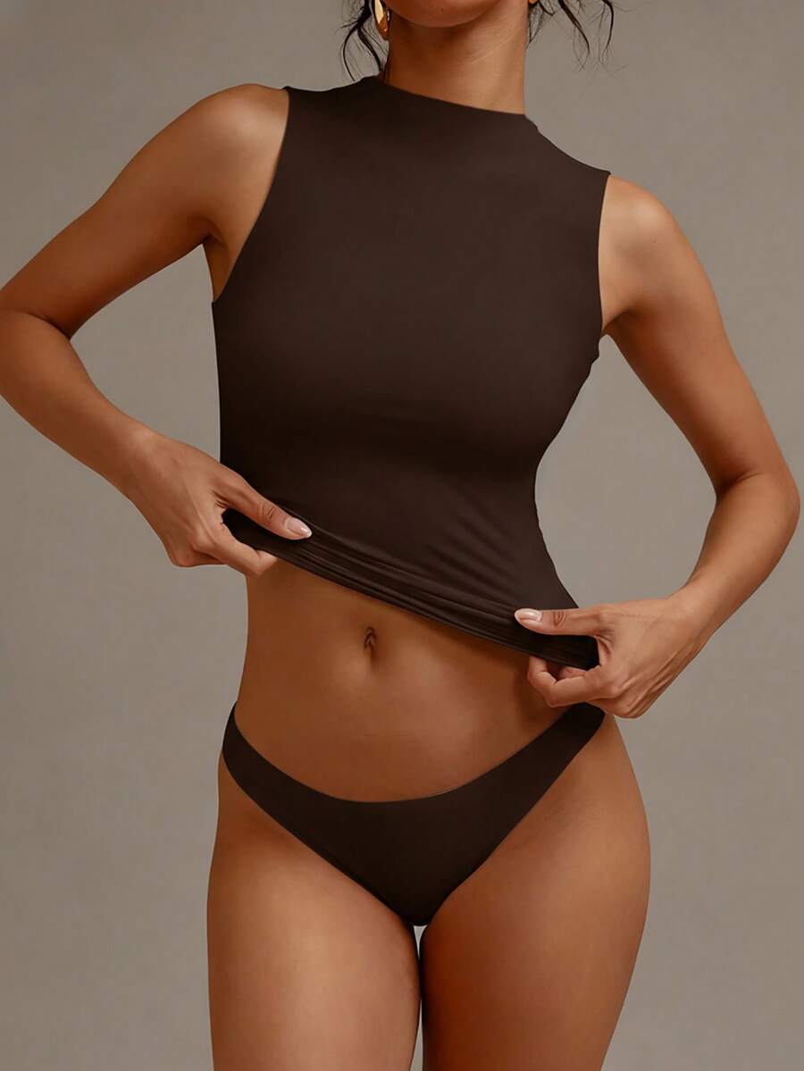 XLLAIS Áo lót cổ tròn không tay màu trơn, hai lớp co giãn ôm sát, kiểu dáng thường ngày mùa hè. - màu nâu - Xem 1