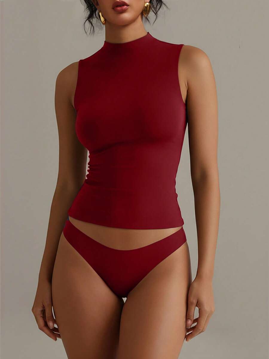 XLLAIS 圆领无袖纯色打底衫，双层弹力修身T恤