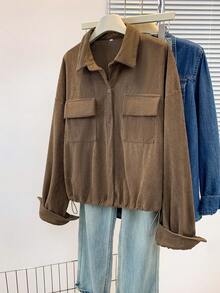 YUXIN Jachetă de damă din catifea reiată - Guler elegant cu rever, Casual cu nasturi, Culoare uni, Lavabilă la mașină, Pentru toamnă și primăvară