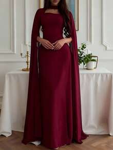 优雅时尚披肩袖宫廷风修身连衣裙，适合毕业典礼、婚礼等场合，高端优雅长袖斗篷式性感修身优雅长袖连衣裙，酒红色，春季必备 - 酒紅色 - 查看 2