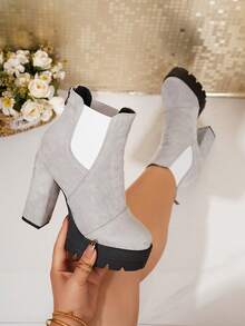 女士踝靴，黑色靴子，保暖粗跟踝靴，后拉链，户外踝靴，秋冬季，高跟 - 灰色磨砂 - 查看 8