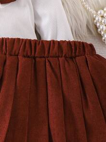 2pcs/Set Girls Ribbed Bow Decor Top And Corduroy Pleated Skirt Suit, Stylish School Look, Spring/Autumn - Brown - View 9