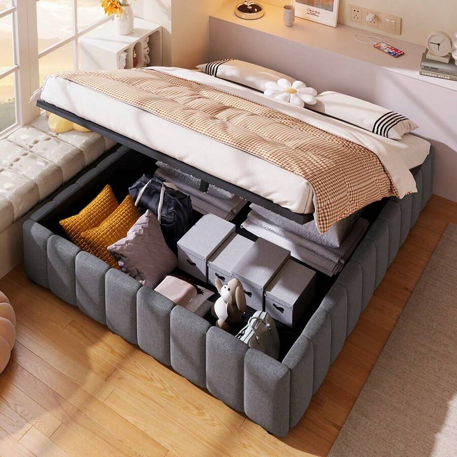 Upholstered Bed, 140*200cm, Hydraulic Storage, Without Headboard, Without Mattress, Beige