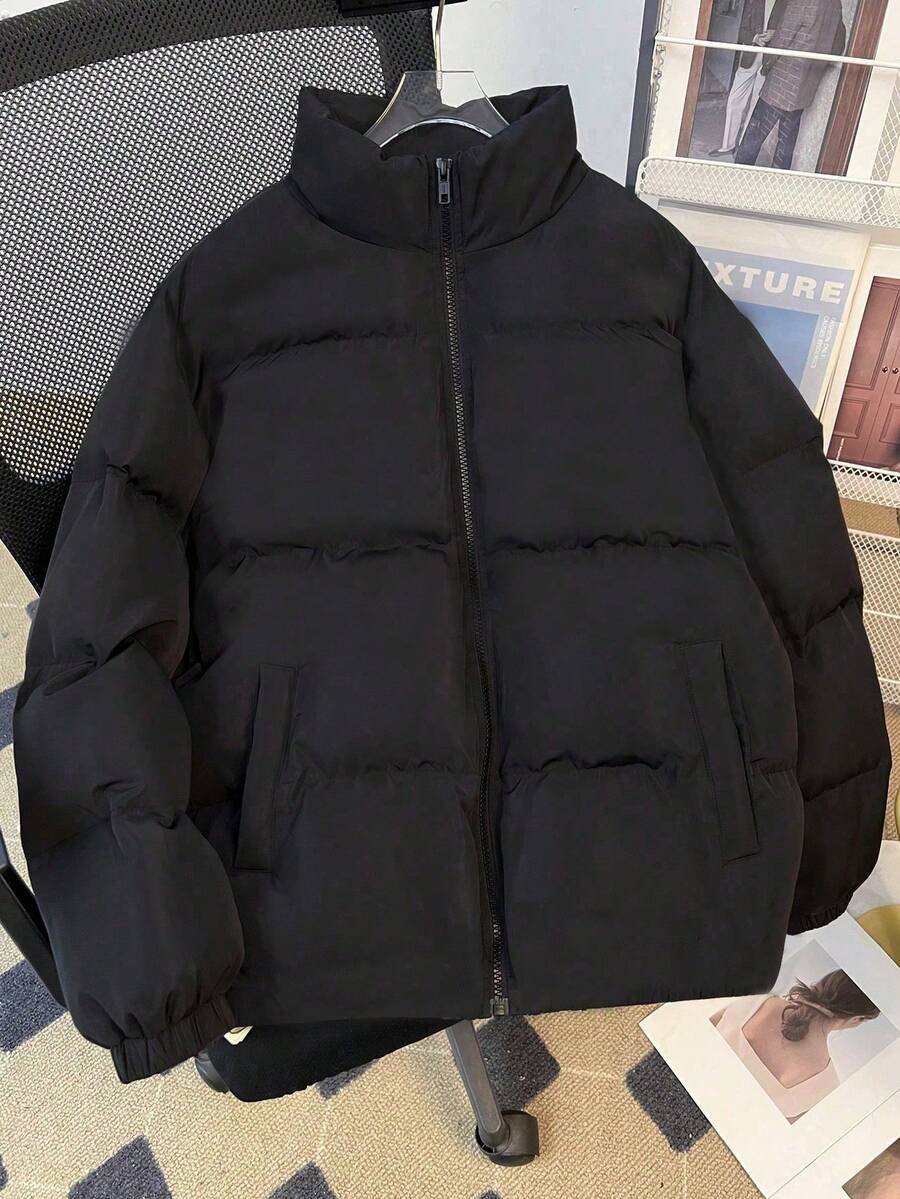 1pc Tween Boys Casual Solid Color Outdoor Stand Collar Thermal Lined Thick Jacket, Versatile, Spring/Autumn/Winter - Black - View 1