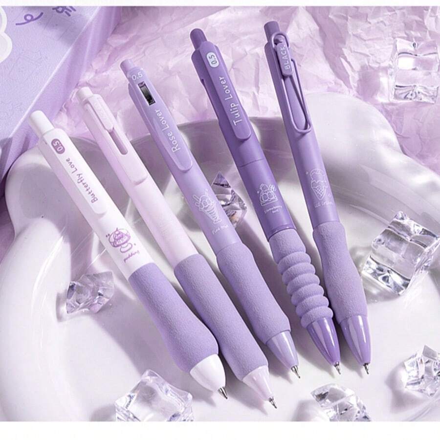 5pcs/Set Quick-Drying Push Button Neutral Pen With St Pen Tip, 0.5mm, Special Brush Pen For Exercises, Cs Cloud Grip, Black Back To School - 淡紫色 - 查看 1