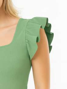 blusa ribana canelada-gola mariana com manga princesa  Poliéster    Bainha com babado  Malhado  Plissado    blusas  Férias  Noite  Feriado  Casamento  Diário - Verde Menta - Visão 3
