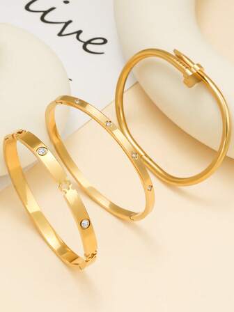 Set de 3 piezas de pulseras de acero inoxidable con circonita, de moda, adecuadas para fiestas, reuniones y uso diario