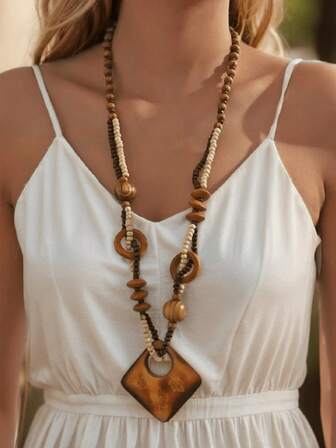 1 Pieza Collar con Colgante Cuadrado de Cuentas de Madera Estilo Bohemio para Mujeres y Señoras, para Uso Diario, Fiesta de Noche, Regalo para Ella