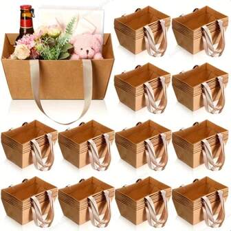 1/3/5pcs Kraft Paper Gift Baskets, Unassembled, Size: 9.8 X 6.5 X 4.3 Inches, Classic Minimalist Design, Suitable For Wedding Favors, Holiday Gifts, With Handle For Easy Carrying And Delivery, Ideal For Wedding Decor, Gifting, Parties, Valentine's Day And More
