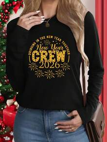 Women's New Year Long Sleeve Top Fireworks Polka Dot New Year Crew 2026 Printed Round Neck Machine Washable Comfortable Soft Breathable Suitable For Spring And Autumn Loose Casual Fashion Commuting Daily Simple Versatile Women's Top S-XXL White And Navy Off-The-Shoulder Cropped Top - Black - View 7