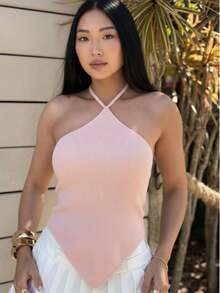 Women's Modal Ribbed Crop Top, Plain, Halter Neck, Summer, Tie-Up, Moura Tricot - Rosa Pálido - Ver 1