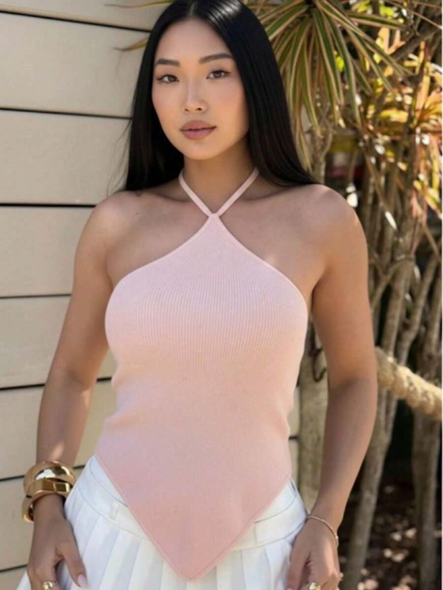 Women's Modal Ribbed Crop Top, Plain, Halter Neck, Summer, Tie-Up, Moura Tricot - Rosa Pálido - Ver 1