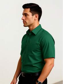 Rand paul Men's Plain Slim Fit Short Sleeve Dress Shirt With Pocket - 墨綠色 - 查看 2