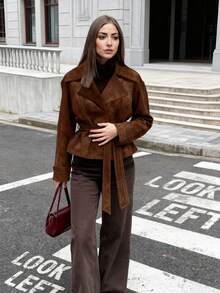 Damen Herbst/Winter Französisch Wildleder Fleece Kragen Lässige Doppelreiher Jacke mit Bindegürtel, Mode Neue Matt Fleece Schlank Passform Elegant Retro Mantel, Ausgeh Oberteile für Damen - Braun - Übersicht 4