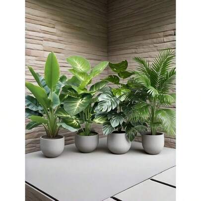 4件套 - 大型人造绿色植物棕榈树套装，包含48片大叶子，适用于圣诞节装饰、现代婚礼花园装饰；免维护常绿吉祥树人造植物，适合所有季节；也适合作为盆栽圣诞树，用于感恩节、万圣节和其他节日。