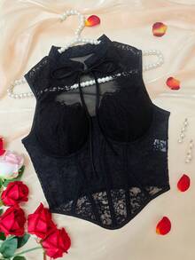 EZNV 1pc Lace Patchwork Fishbone Cute Corset Top, Waist Cincher Bustier - Black - View 2