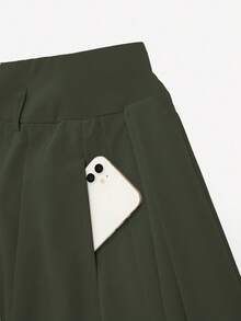 女士装饰腰带高腰褶裥A字裙，休闲通勤及情人节穿着 - 軍綠色 - 查看 4