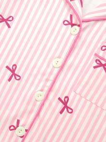 Girls Bow Striped Pajama Homewear Set For Sleep & Lounge | 8–12Y - Baby Pink - View 5