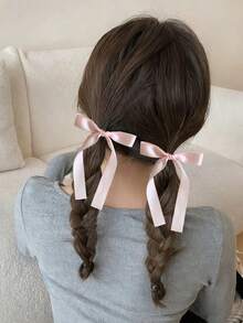 Cute Pink Bow Hair Scrunchies, Elegant Satin Ribbon Bow Elastic Hair Ties, Versatile Hair Accessories For Women Ponytail ,Hair Elastics ,Hair Rubber Bands ,Hair Rope - Pink - View 2