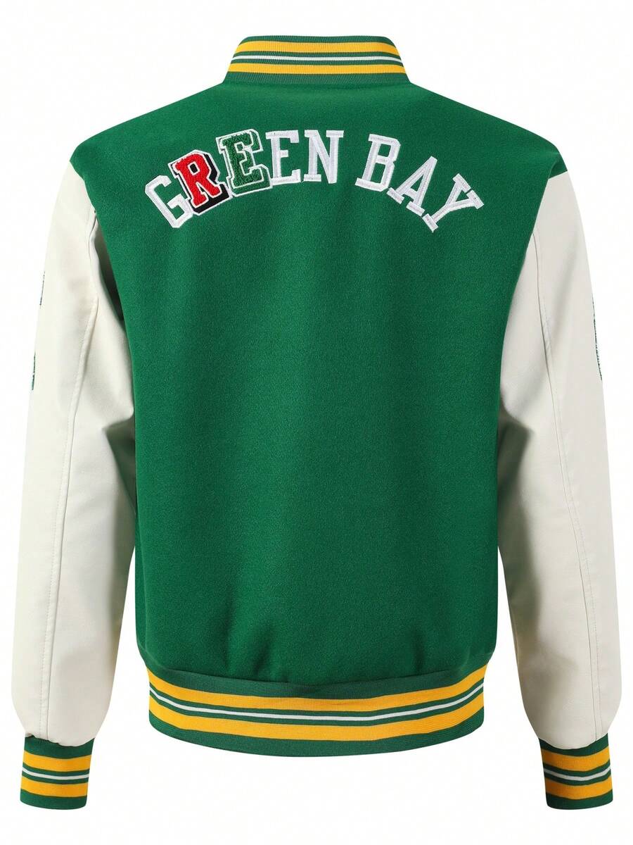 Áo khoác bóng chày nam màu xanh lá cây, chất liệu da thêu cao cấp, phong cách đường phố thời trang, trang phục thể thao cổ điển, áo khoác dài tay phối da PU kiểu hip hop và mô tô. - màu xanh lá - Xem 1