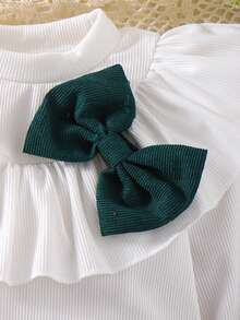 2pcs/Set Girls Ribbed Bow Decor Top And Corduroy Pleated Skirt Suit, Stylish School Style, Spring/Autumn - Dark Green - View 5