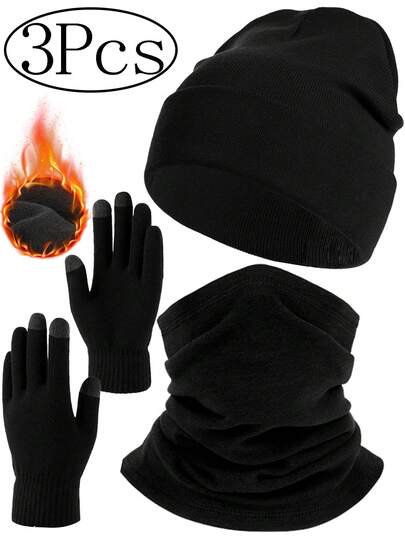 3Pcs Unisex Fashionable And Simple Knitted Cap, Woolen Cap, Bean Cap, Beni Cap, Knitted Gloves, Warm Face Mask, Autumn And Winter Head Cover, Suitable For Daily Use In Autumn And Winter, As Well As Outdoor Sports Such As Hiking, Mountain Climbing, Skiing And Cycling Winter Gear