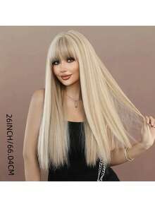 Linen Blonde Mixed Brown Highlight 26 Inch Long Straight Wig With Bangs - Heat Resistant Synthetic | Soft Full Natural | Women Daily/Cosplay/Party | Mother's Day Gifts - 挑染金色 - 查看 4