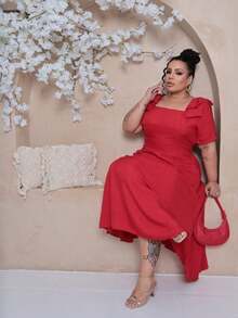 Women's Plus Size Midi Dress With Lined Square Neckline, Short Sleeves, Shoulder Tie, Padded Cups And Elastic Back In Duna Linen - Elegant Fashion Party Dress - 紅色 - 查看 3