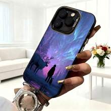 Cubierta de telefono para iPhone con diseño de ciervo y silueta en bosque mágico azul púrpura con efecto aurora boreal para uso diario en cafeterías y salas de estar - Negro - Ver 6