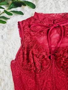 EZNV 1pc Lace Patchwork Fishbone Corset Top, Waist Cincher Bustier - Burgundy - View 3