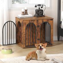 HEXCELEN 26.8'' Wooden Dog Crate Furniture, Indoor Dog Kennel Dogs Cage For Small Dogs, Heavy Duty Dog Crates Decorative Pet House End Side Table TV Stand, Rustic Brown - 鏽棕色 - 查看 1