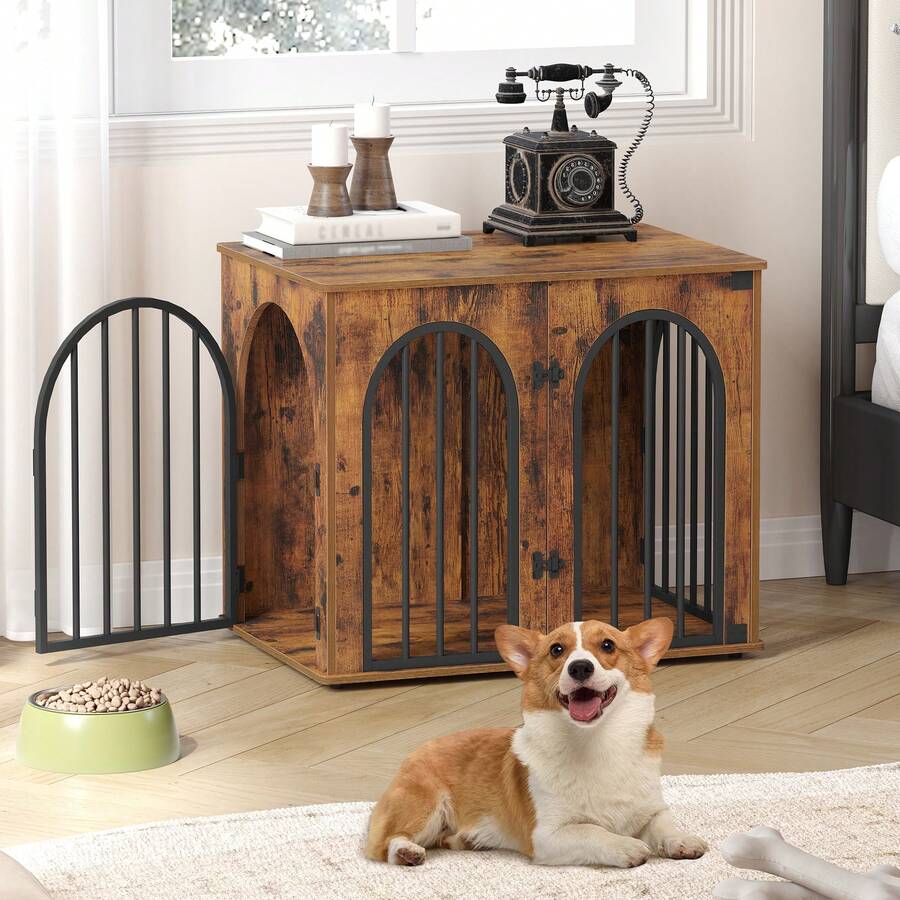 HEXCELEN 26.8'' Wooden Dog Crate Furniture, Indoor Dog Kennel Dogs Cage For Small Dogs, Heavy Duty Dog Crates Decorative Pet House End Side Table TV Stand, Rustic Brown - 鏽棕色 - 查看 1